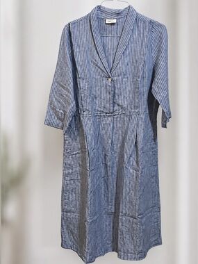 POETRY Délavé Linen Blend Striped A-Line Dress Blue/Off White Stripe-Size 10
